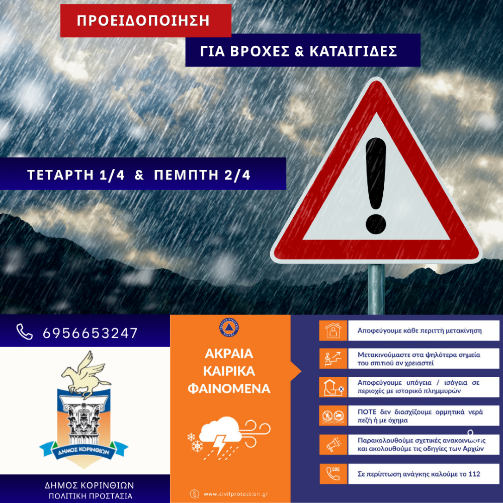 Δήμος Κορινθίων: Σε κατάσταση επιφυλακής λόγω κακοκαιρίας - Έκκληση για περιορισμό μετακινήσεων