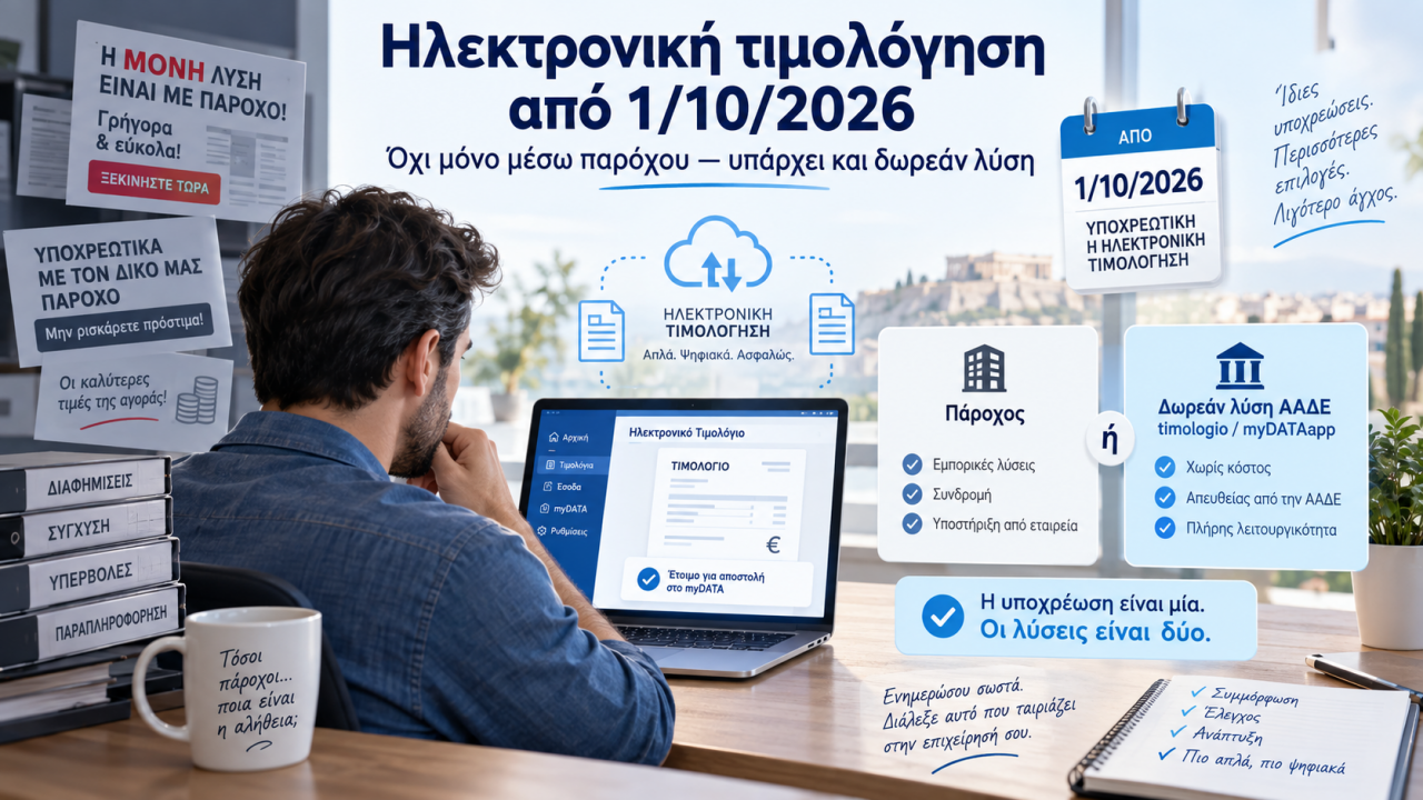 Ηλεκτρονική τιμολόγηση από 1/10/2026: Όχι, δεν είναι υποχρεωτικός ο ιδιωτικός πάροχος